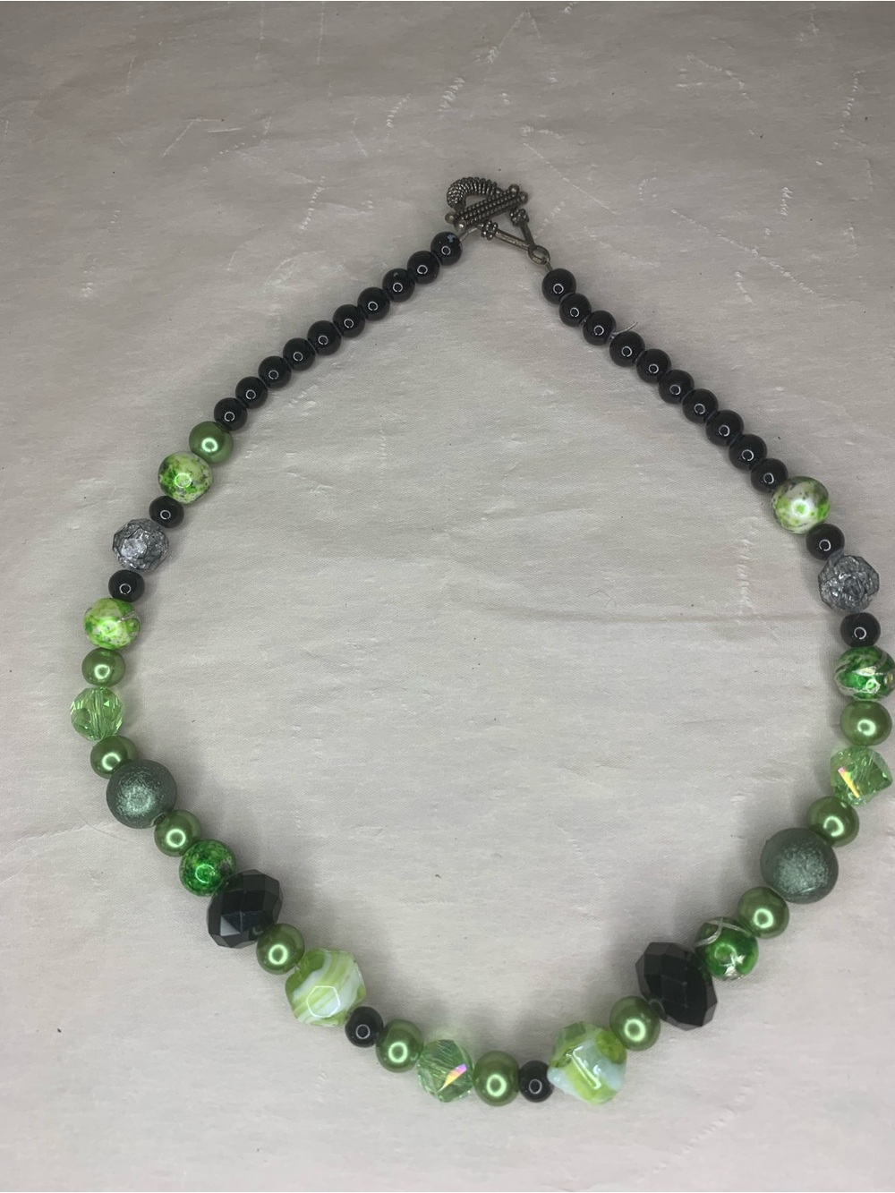 Green Beaded Necklace with Black Accents